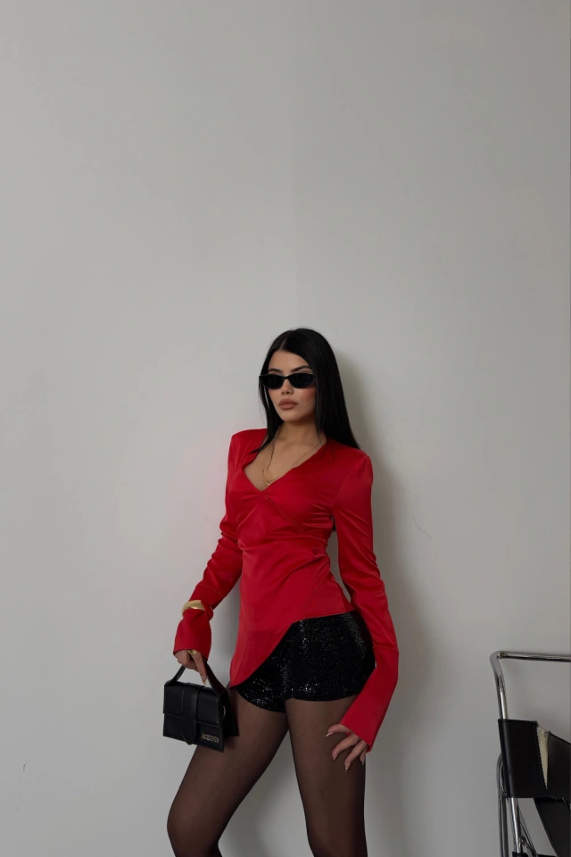 Sidelya Concept Saten Anvelop Bluz Manşet Kol - Kırmızı Kırmızı