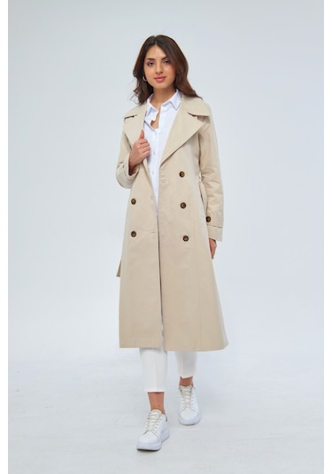 %100 Pamuk Ekstra Uzun 120cm Kruvaze Kadın Trençkot 1121 Taş Rengi Taş