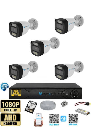 5 Kameralı 500gb Hdd Güvenlik Kamera Seti 5mp 1080p Full Hd Tam Renkli Gece Görüş Dvr Kayıt Cihazlı Tak Çalıştır Sistem