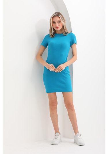 Kallima Turkuaz Kısa Kollu Mini Fitilli Esnek Kalem Elbise