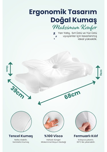 Ulralüks Boyun Destekli Visco Ortopedik Yastık - 68x39x13-11cm Beyaz