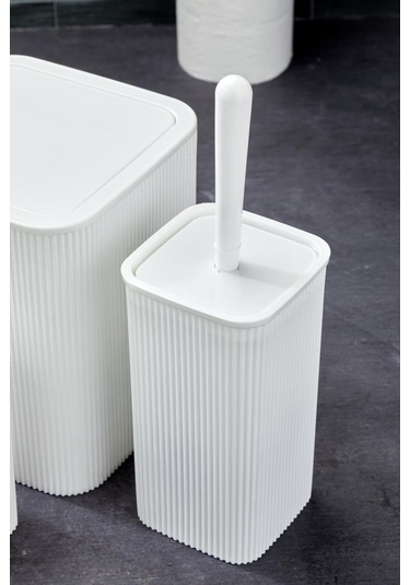 Line 5 Parça Kare Banyo Seti - Çöp Kovası Wc Fırçası Sıvı-katı Sabunluk Diş Fırçası Beyaz