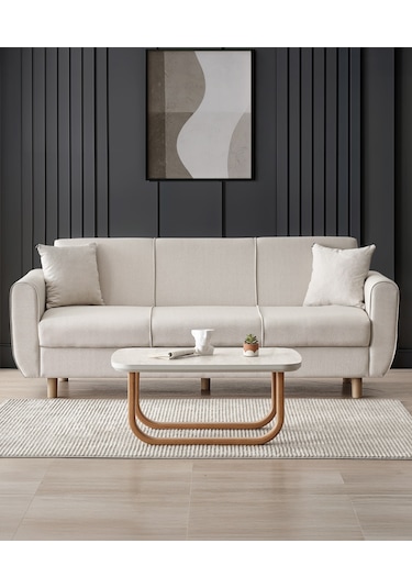 Flavia 3'lü Kanepe Salon, Oturma Odası Yataklı Bazalı Krem