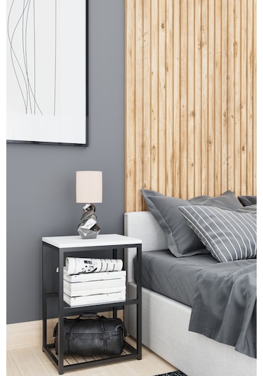 Metal Ayaklı Dekoratif Tel Raflı Komodin Beyaz Beyaz