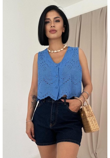 Tanla Butik Mavi Sıfır Kol Brode Bluz Mavi