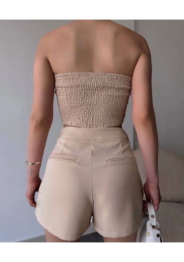 Arkadan Büzgülü Esnek Büstiyer Bej Bej