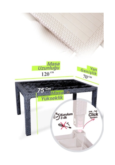 Rattan Masa 70x120 Sabit Masa - Bahçe Balkon Teras 1. Kalite Orta Cappucino