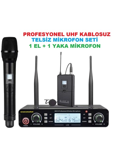 Profesyonel Uhf Kablosuz Telsiz Mikofon Seti 1 El + 1 Yaka Mikofon