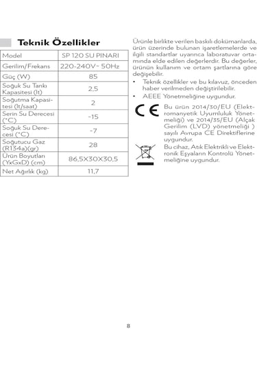 Vestel SP 120 Su Sebili Beyaz