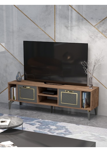 Tv Sehpası 160 Cm Modern Çok Amaçlı Dolaplı Raflı Televizyon Ünitesi Linya Gold Antrasit Ceviz