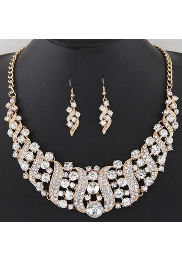 Dancemonkey Zincir Takı Seti Şampanya Rhinestone Parti Küpe Kolye Kanca Kakma Gelin Düğün Lo Çok Renkli