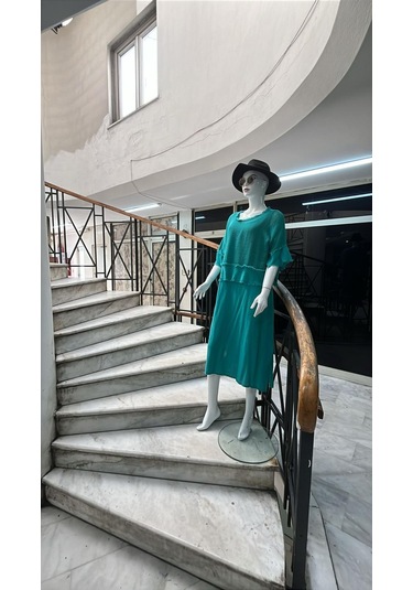 İtalyan Saçak Detaylı Müslin Keteni Yırtmaçlı Elbise - Bluz & 2'li Takım-9905 Mint