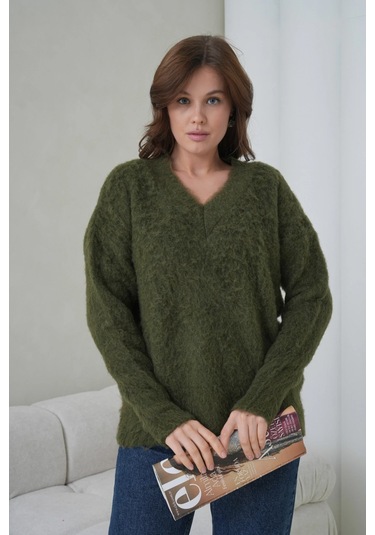 Kadın V Yaka Sakal Dokulu Şardonlu Oversize Triko Kazak 8695 Haki