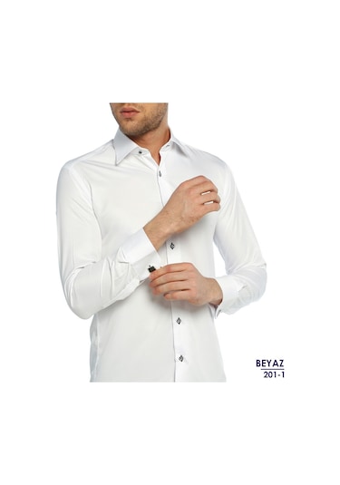 19 Renk * Micro Kumaş Kol Düğmeli Slim Fit Düz Renk Erkek Gömlek Beyaz