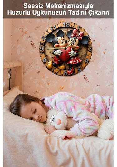 Mickey Ve Minnie Temalı Mdf Duvar Saati 33 Cm, 3d Görünümlü, 2d Hd Baskı Sdw232 Renkli