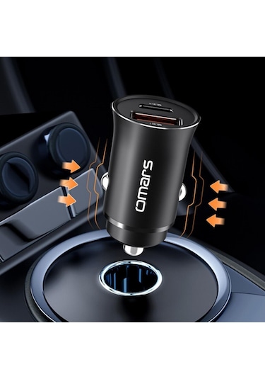 Omars USB Type-C PD 20W Çift Portlu Araç içi Hızlı Şarj Cihazı