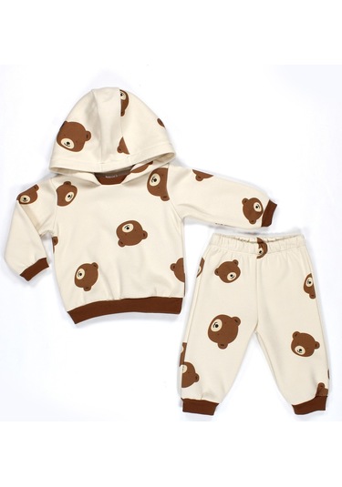 Ayıcık Desenli Kapüşonlu Bebek Alt Üst Takım Bej - Kahverengi
