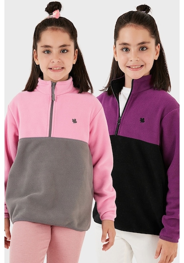 Lela Yumuşak Dokulu Yarım Fermuarlı Renk Bloklu Dik Yaka 2'Li Paket Çocuk Polar 5905004S2 Mor Siyah-Şeker Pembe Gri