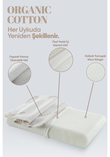 Organik Koton Ortopedik Visko Yastık - %100 Doğal Pamuk Kumaş - Konforlu Nem Kontorllü Akıllı Yastık Beyaz