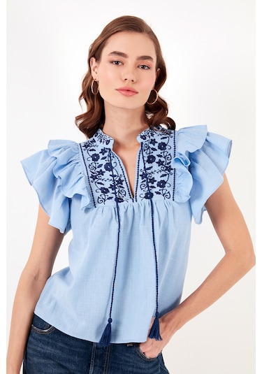 Lela Pamuklu Regular Fit Nakış Işlemeli Bayan Bluz 611Bz0253 Mavi