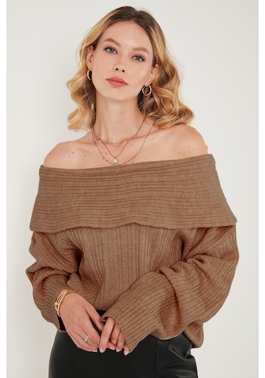 Lela Oversize Fit Madonna Yaka Triko Bayan Kazak 4615216 Camel