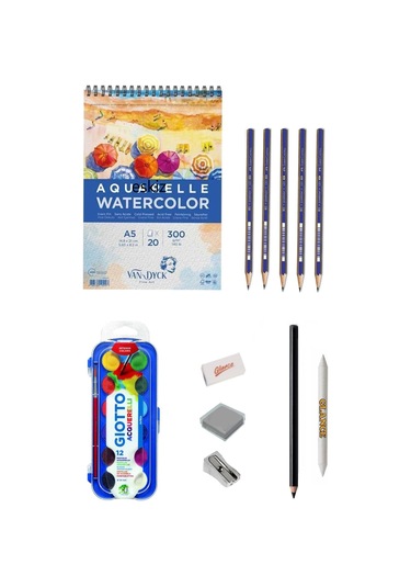 Van Dyck Suluboya Defteri A5 300 Gr 20 Yp Karakalem Çizim Seti Kalemtıraş, Silgi Eskiz Seti