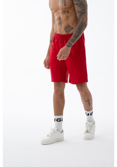 Erkek Kırmızı Yüksek Kalite Relax-fit Rahat Kesim %100 Pamuk Bağcıklı Siyah Düz Basic Şort Kırmızı