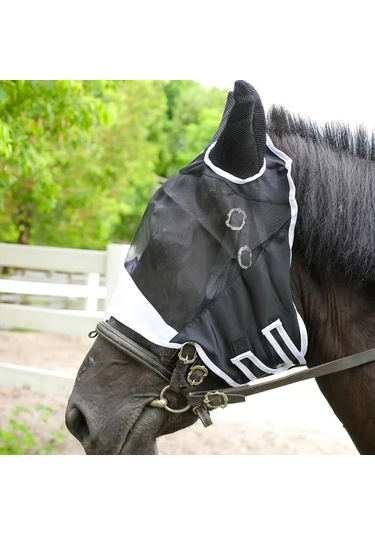 Elmpaly Siyah M Büyük At Sinek Maskesi, Delikli Kulaklıklı Konforlu Sökülebilir Atçılık Ekipmanları