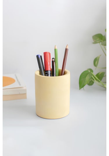 Beton Silindir Organizer Diş Fırçalık, Kalemlik, Makyaj Fırçalık Çok Amaçlı Düzenleyici Sarı