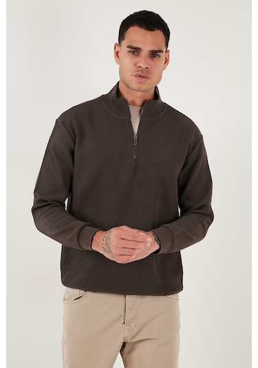 Buratti Pamuklu Regular Fit Yarım Fermuarlı Dik Yaka Erkek Sweat 5905716 Koyu Kahve