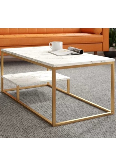 Perus Beyaz Ahşap / Gold Metal Orta Sehpa