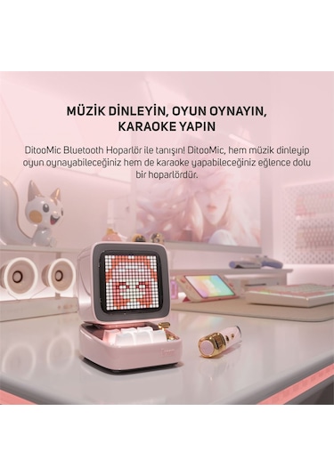 Divoom Ditoo-Mic Pembe Karaoke Mikrofonlu Piksel LED Ekranlı Uygulama Kontrollü Akıllı Bluetooth Hoparlör