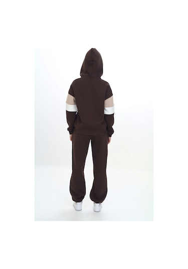 Toontoy Kız Çocuk Kapüşonlu Fermuarlı Garni Detaylı Eşofman Takım Kahverengi