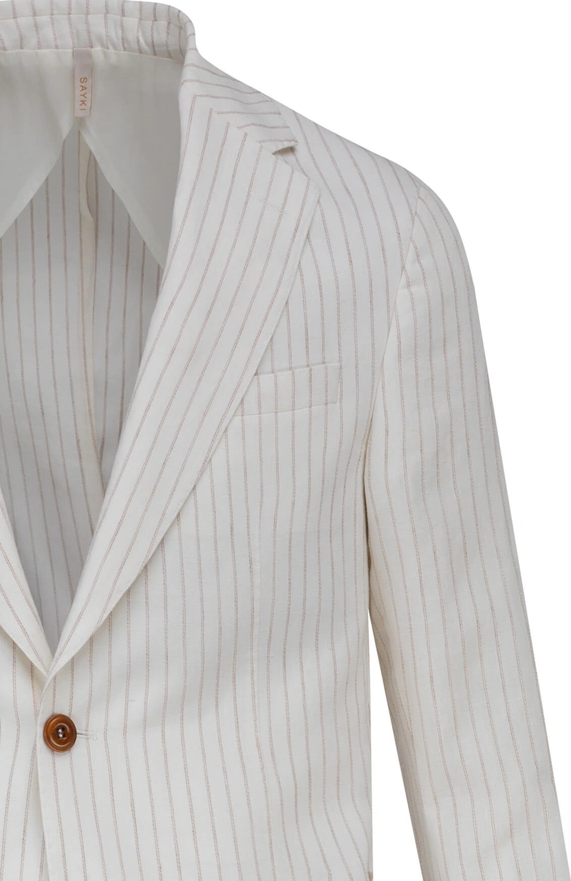 Ekru Comfort Fit Çizgili Mono Yaka Keten Takım Elbise Ekru