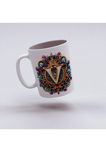 V Harfi Boho Bardak, Renkli Özel Tasarım Hediyelik Harfli Kupa, 330ml Porselen Beyaz