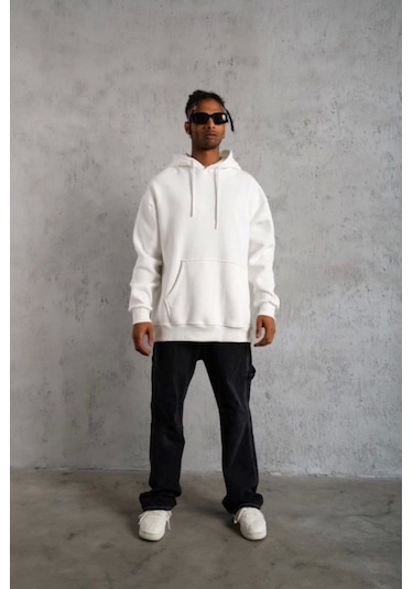 3 İplik Kapşonlu Sweatshirt Hoodie - Beyaz Siyah