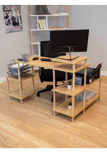 Çalışma Masası 5 Raflı Ahşap Ayaklı Dekoratif Modern Bilgisayar Ofis Masası - Safir Meşe-köşe Çalışma Masası 5 Raflı Ahşap Ayaklı Dekoratif Modern Bilgisayar Ofis Masası - Safir Meşe-köşe