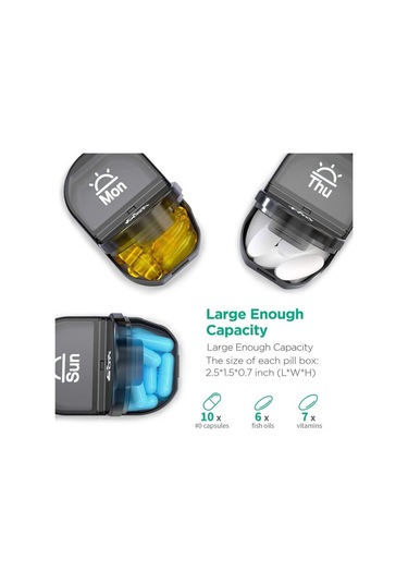 Kangvka Haftalık 14 Bölmeli Sağlık Kutusu, Tarihli Markalı, Su Geçirmez, Nem Ve Toz Koruyucu, Plastik İlaç Depolama Kutusu Siyah