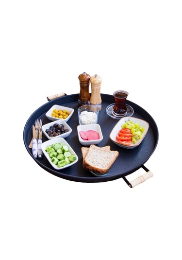 Qerhome Galvaniz 51 Cm Siyah Ahşap Kulplu Yuvarlak Tepsi Beyaz