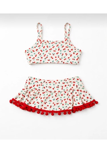 Nurbebe Kiraz Desenli Baskılı Kız Çocuk Bikini Takım Beyaz
