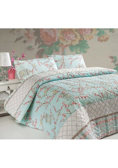 Eponj Home Kapitone Yatak Örtüsü Seti Çift Kişilik Birdcage Turkuaz