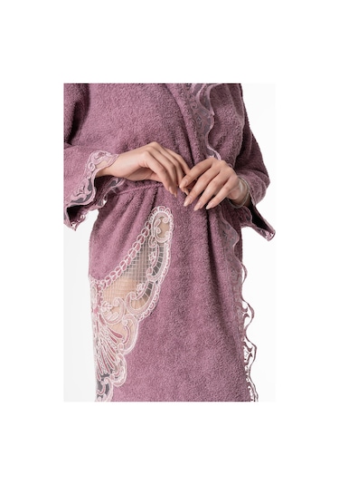 Flora Gelin Bornoz Seti 5 Parça Dantelli Çeyiz Bayan Bornoz Seti Mor