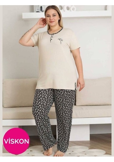 Kadın Desenli Bisiklet Yaka 3 Düğmeli Yırtmaç Detaylı Büyük Beden Viskon Kısa Kol Pijama Takımı Bej