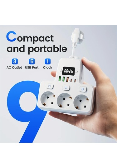 Xuweiwei 9lu 1 Arada Dijital Saatli Ayarlanabilir Zamanli Ab Guc Panosu Beyaz 3 Ac Priz 3 Usb 2 Tip C Portu Asiri Yuk Korumali Ev Ofis Seyahat Icin