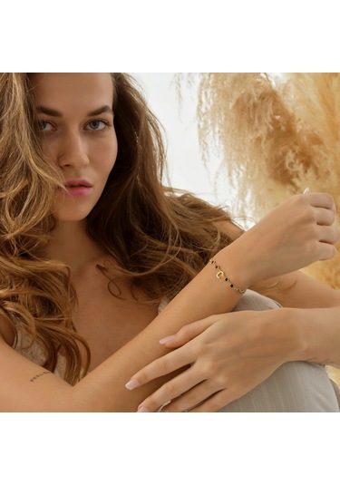 Queen Silver Jewelry  925 Ayar Gümüş Harf Bileklik Mavi Renk Geçişli Tamtur Altın