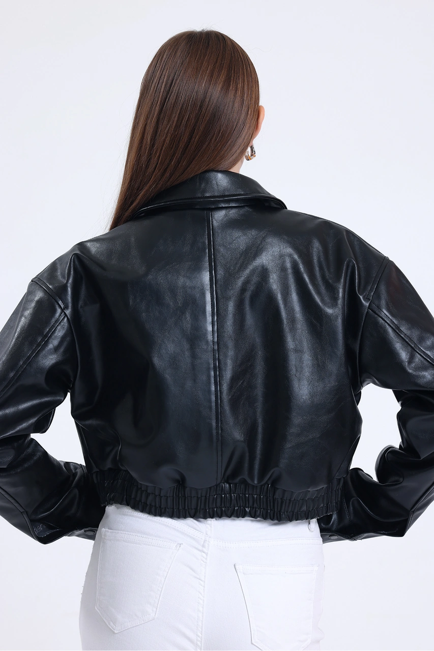 Kadın Deri Oversize Astarlı Kol Çıt Çıt Düğmeli Deri Mont Fermuar Kapamalı Kolej Mont Siyah Siyah