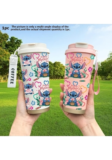 Trendooze Gaojunshop01 Disney Stitch 18oz Çift Katlı Vakumlu Paslanmaz Çelik Termos, Unik Tasarım Pembe Pembe