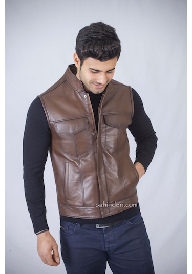 Hakim Yaka Gerçek Deri Yelek Kahverengi