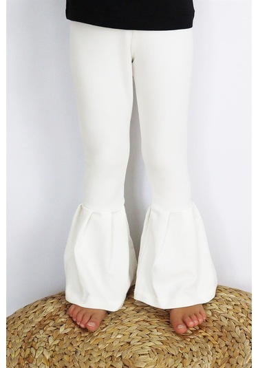Kız Çocuk Krem İspanyol Paça Yüksek Bel Lastikli Tayt Pantolon Alt-0004.63 Krem