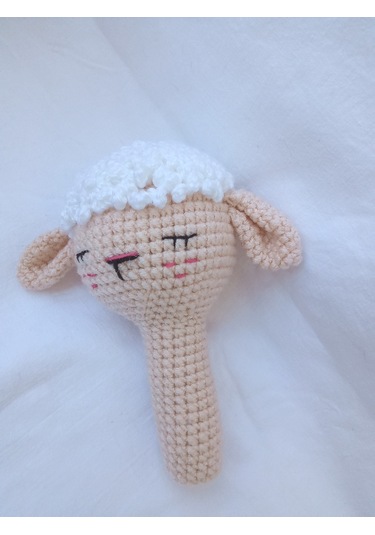Uykulu Kuzu Amigurumi Çıngırak Bej - Beyaz